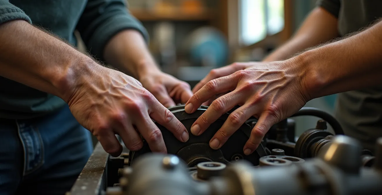 Mains expertes travaillant ensemble sur la mécanique d'un deux-roues